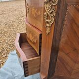 Curved chest of drawers with 3 marquetry drawers and marble top