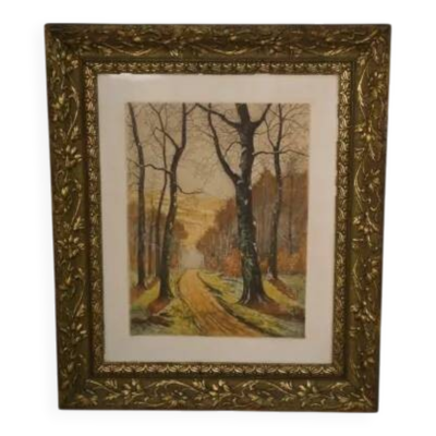Lithographie ''Sous-bois au chemin'' cadre doré décor feuillagé en relief 1950