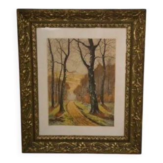 Lithograph of a woodland path, gilt frame, with embossed foliage decoration, 1950s