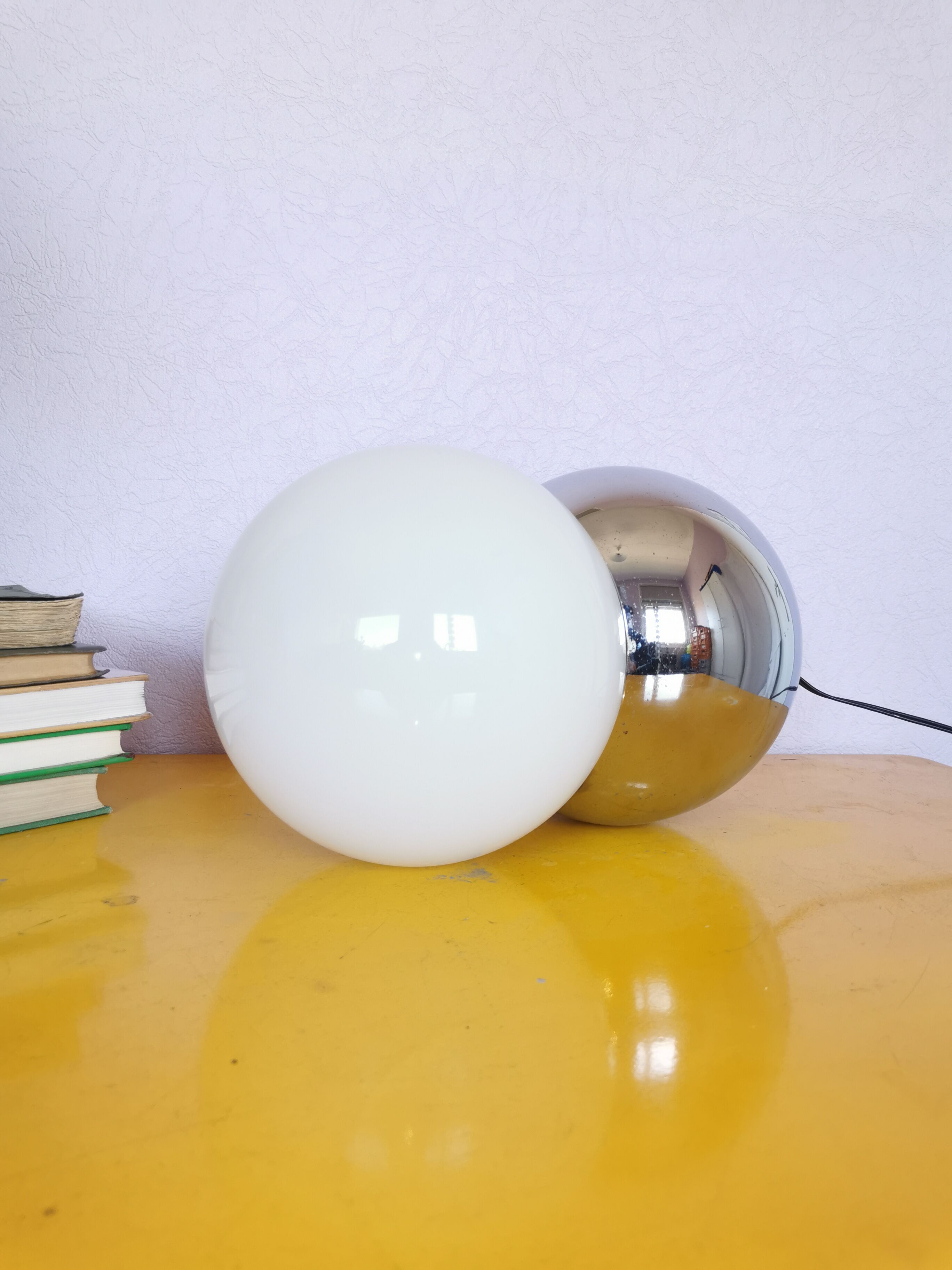 Lamp molecule, two balls, globe in opaline and stainless steel, 1970