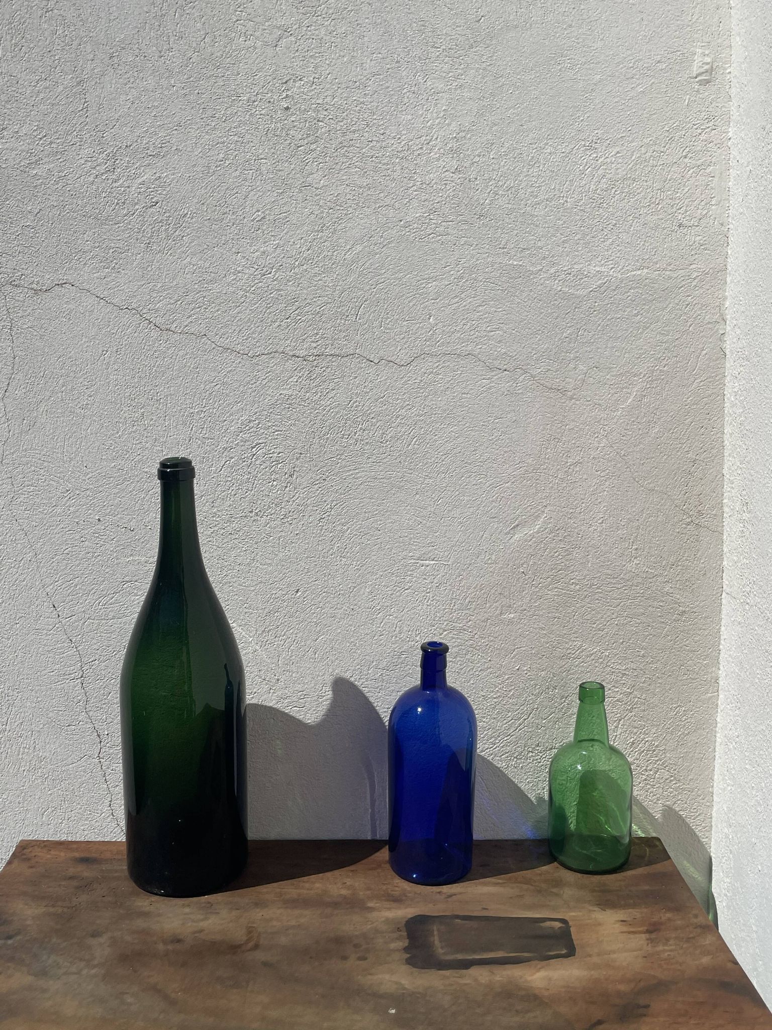 3x bouteilles en vert &bleu comme base pour lampes