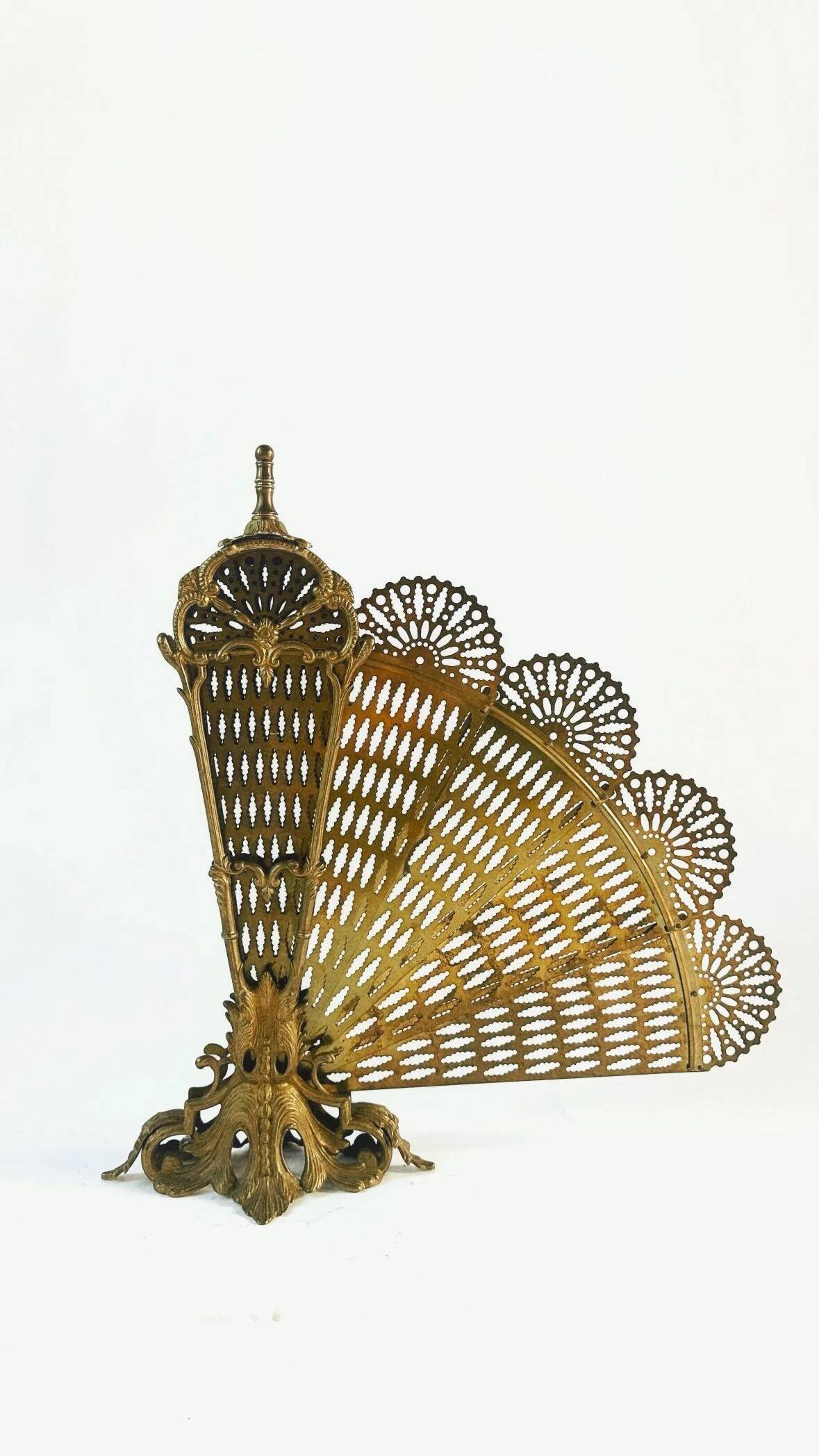Vintage French brass fire screen, peacock design, 20th century.
