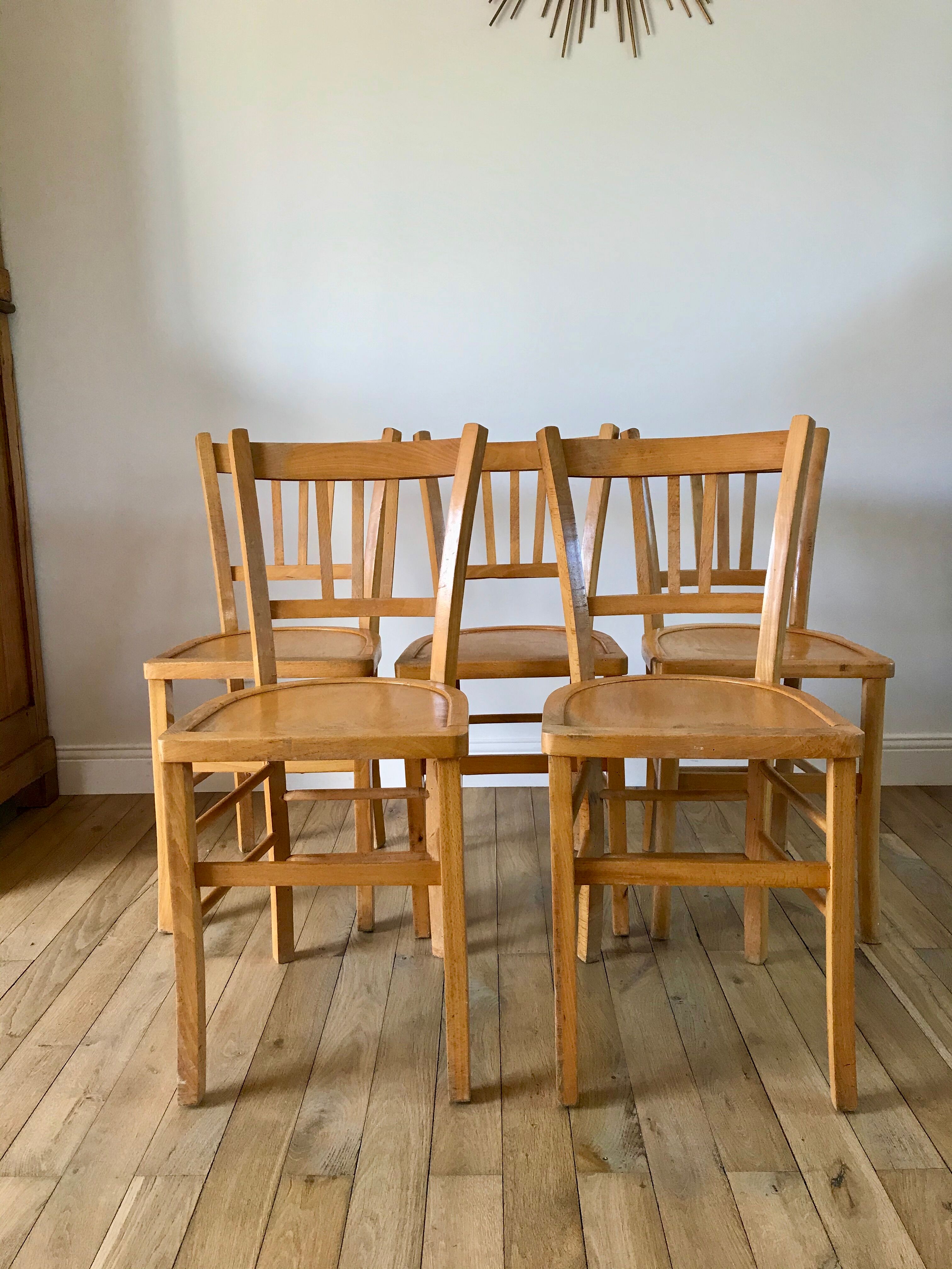 Set of 5 Luterma light blond wood bistro chairs from the 50s