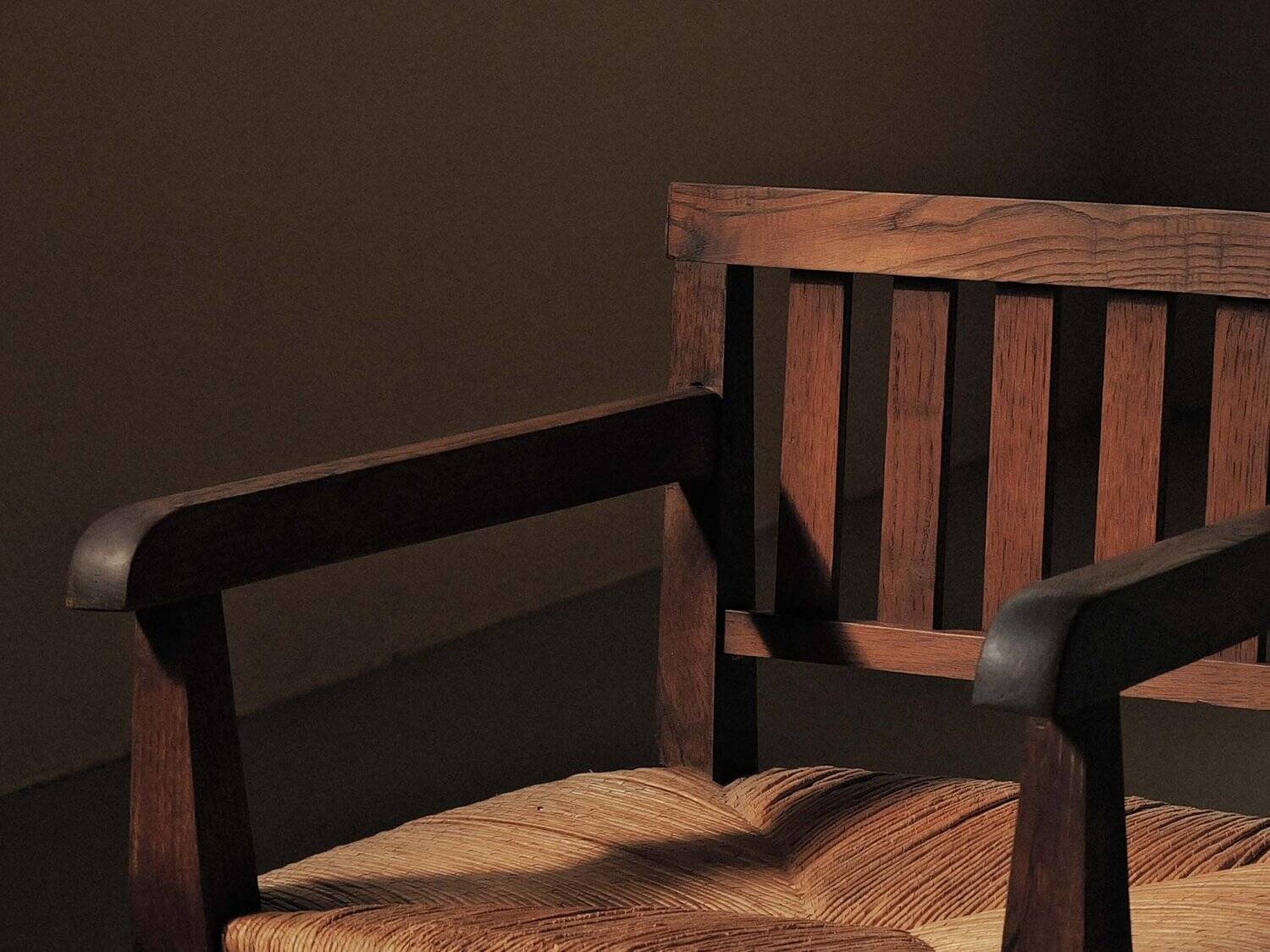 Handcrafted oak and straw armchair, France, circa 1950.
