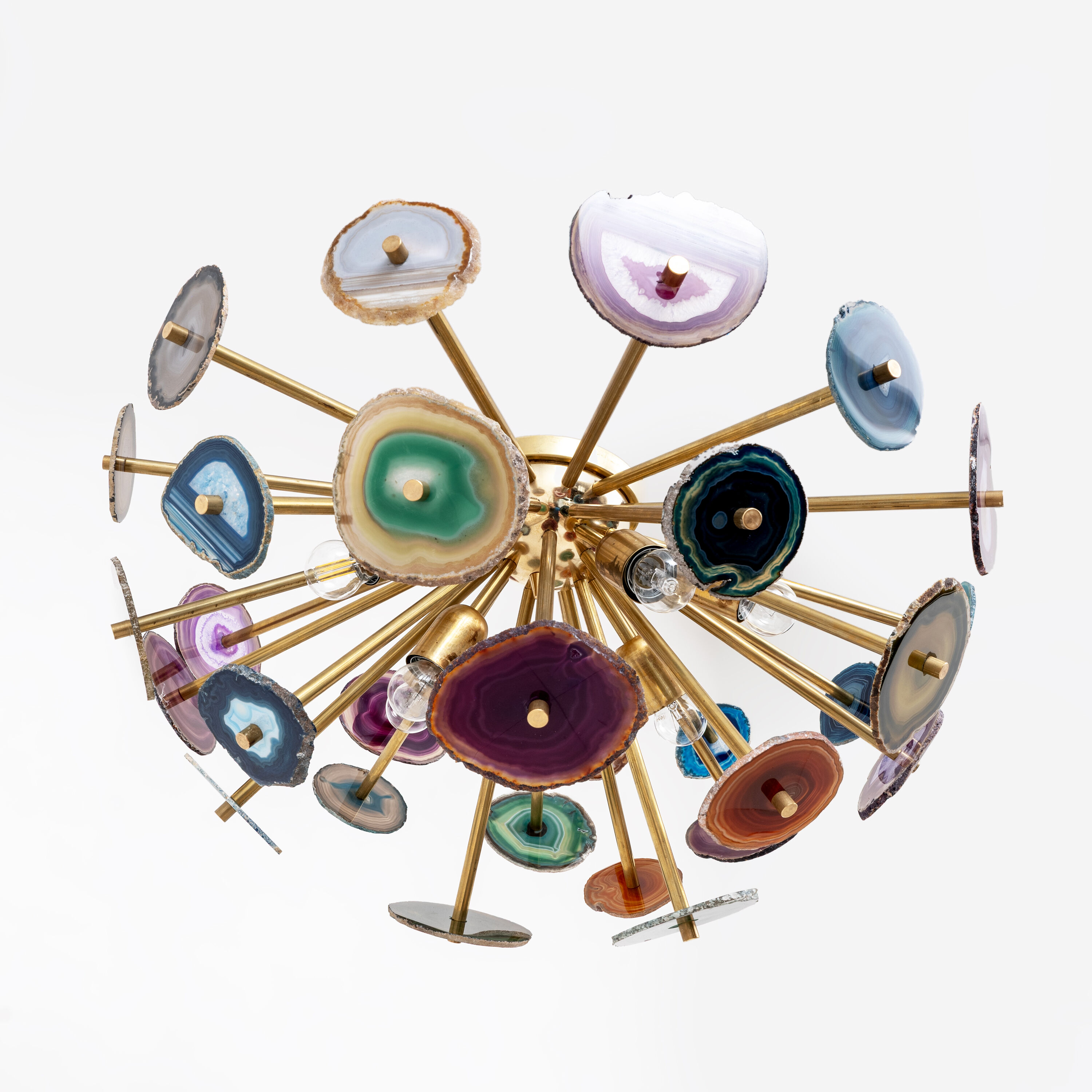 Italian-designed "Sputnik" Ceiling Lamp with Agate Stone Sections and Brass