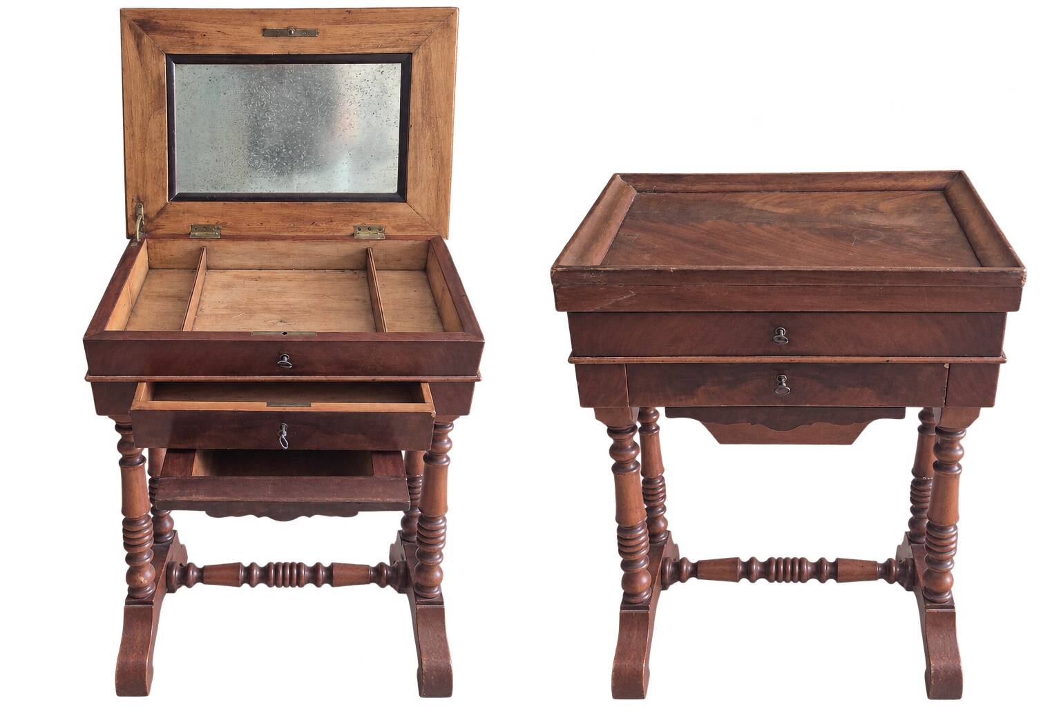 Antique wooden sewing cabinet with mirror and storage.