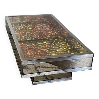 Table basse lumineuse vintage, miroir, chrome et fibre optique
