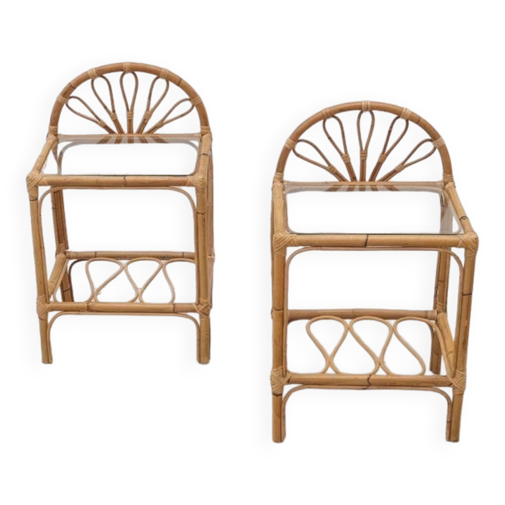 Pair of rattan and glass bedside tables, France 1970