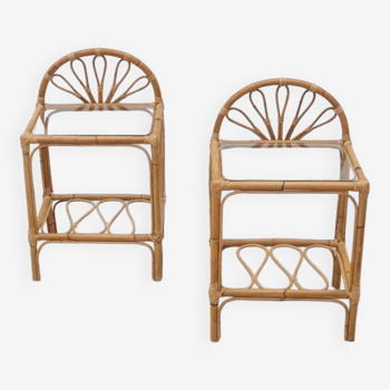 Pair of rattan and glass bedside tables, France 1970