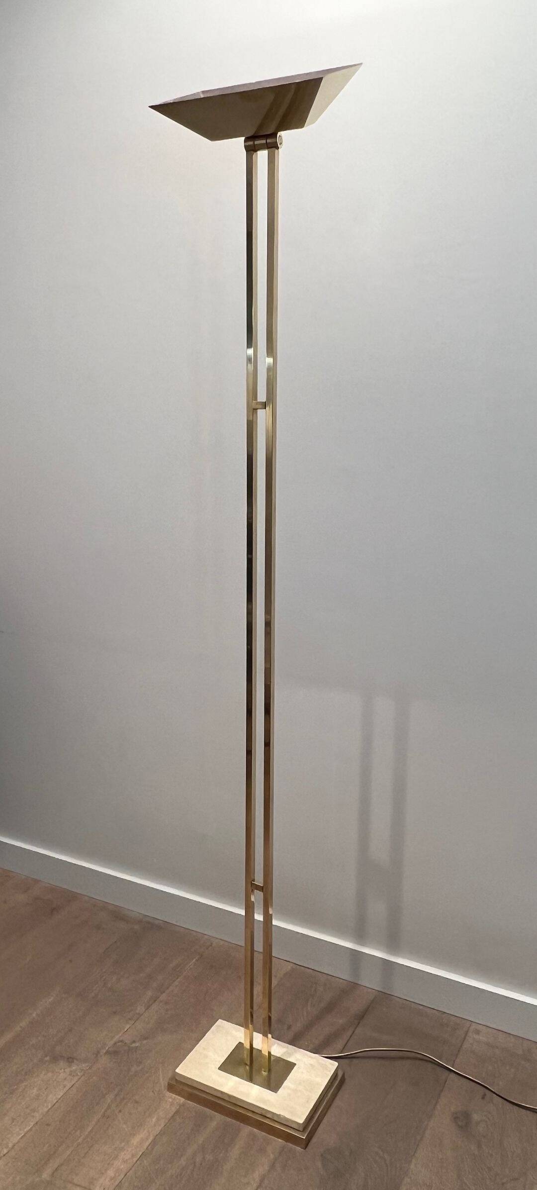 Brass Floor Lamp with Adjustable Reflector on a Timber Base