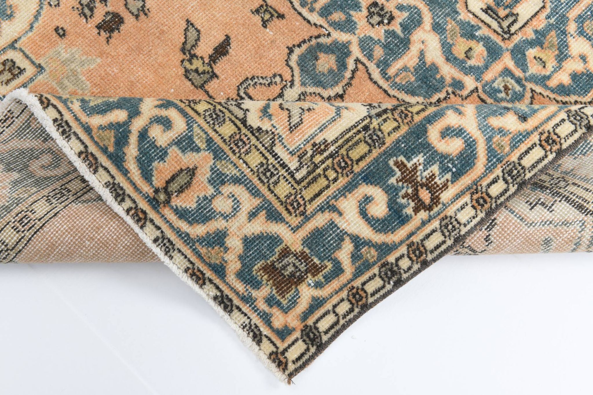 Vintage Peach Oriental Rug, Faded Petrol Blue Border, Soft Handmade Carpet