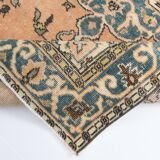 Vintage Peach Oriental Rug, Faded Petrol Blue Border, Soft Handmade Carpet