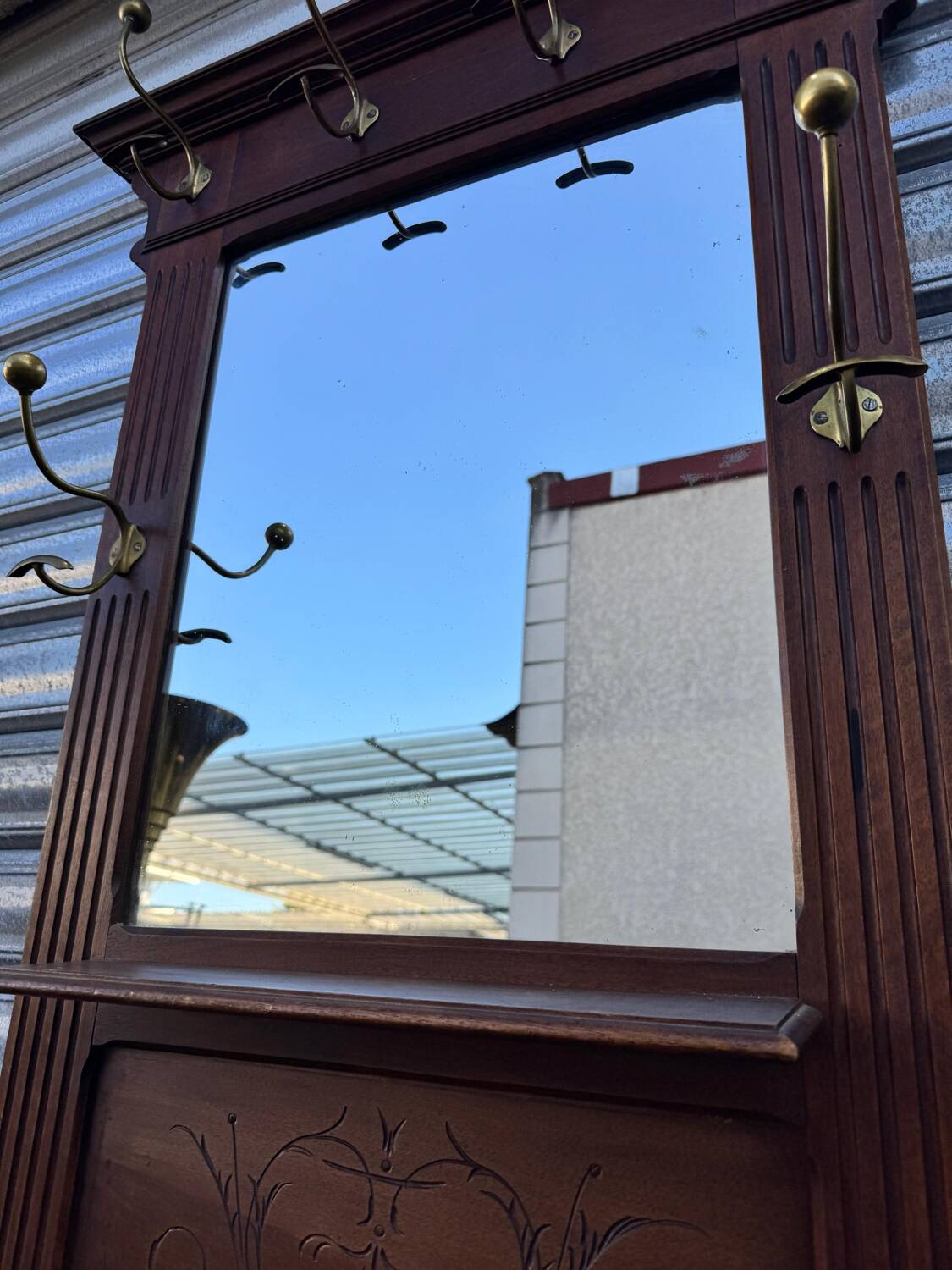 Antique hall coat rack – mirror, hooks & umbrella stand