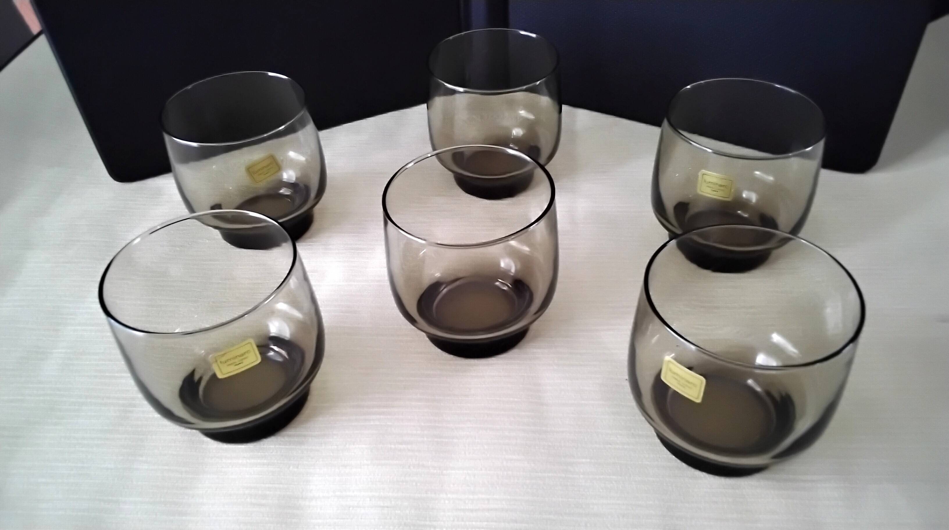 6 smoke-coloured glasses Luminarc 1960s Model Tivoli