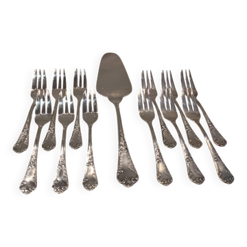 12 cake forks, pie server, silversmith Frionnet Dubarry
