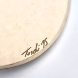 Relief mural signed in ceramic, sun with blue and gold face, 1990s.