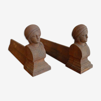 Old pair of andirons cast iron head fakir deco fireplace Castle were