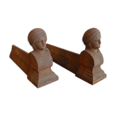 Old pair of andirons cast iron head fakir deco fireplace Castle were