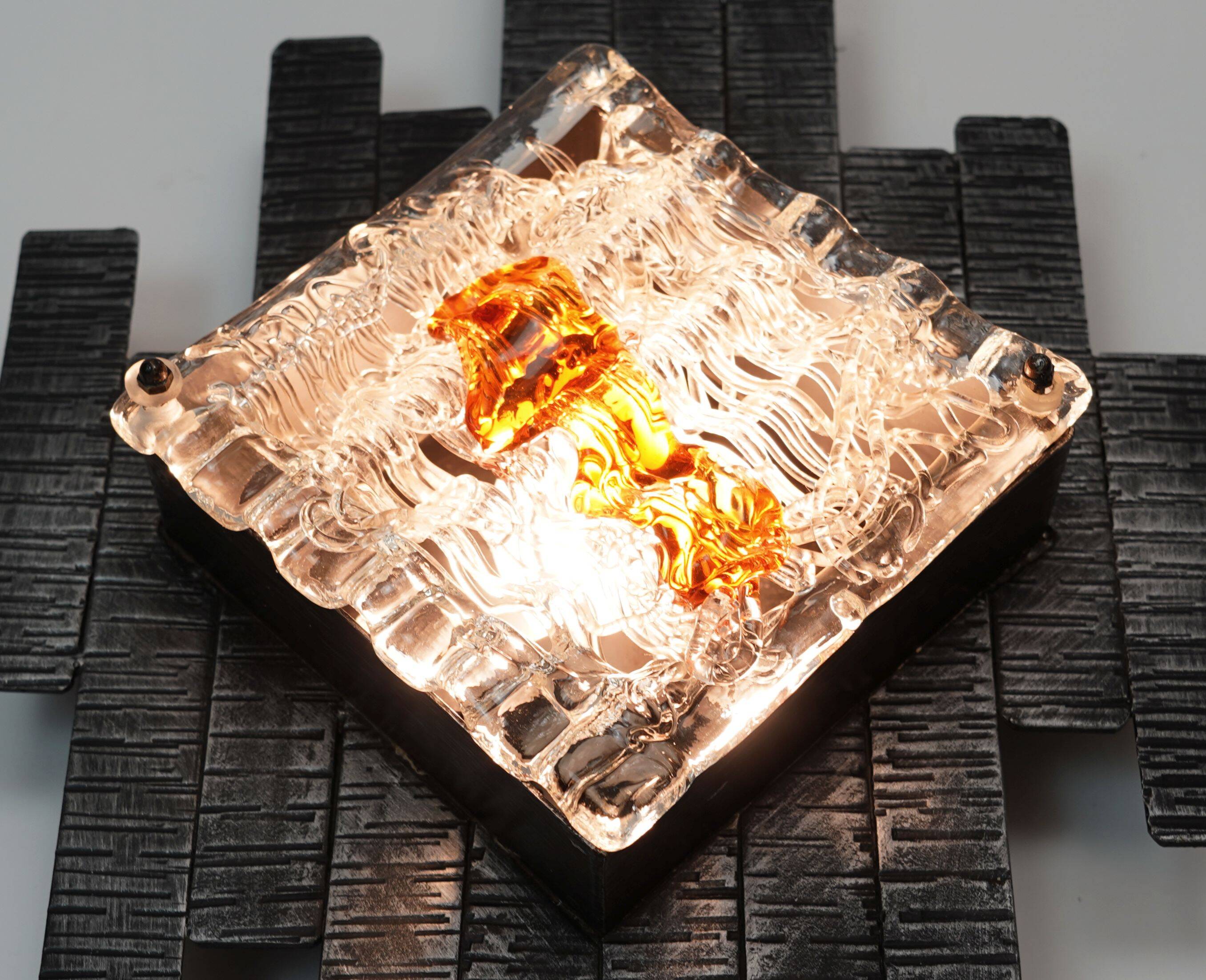 mid century brutalist style wrought iron and glass WALL LAMP sconce 060/70s