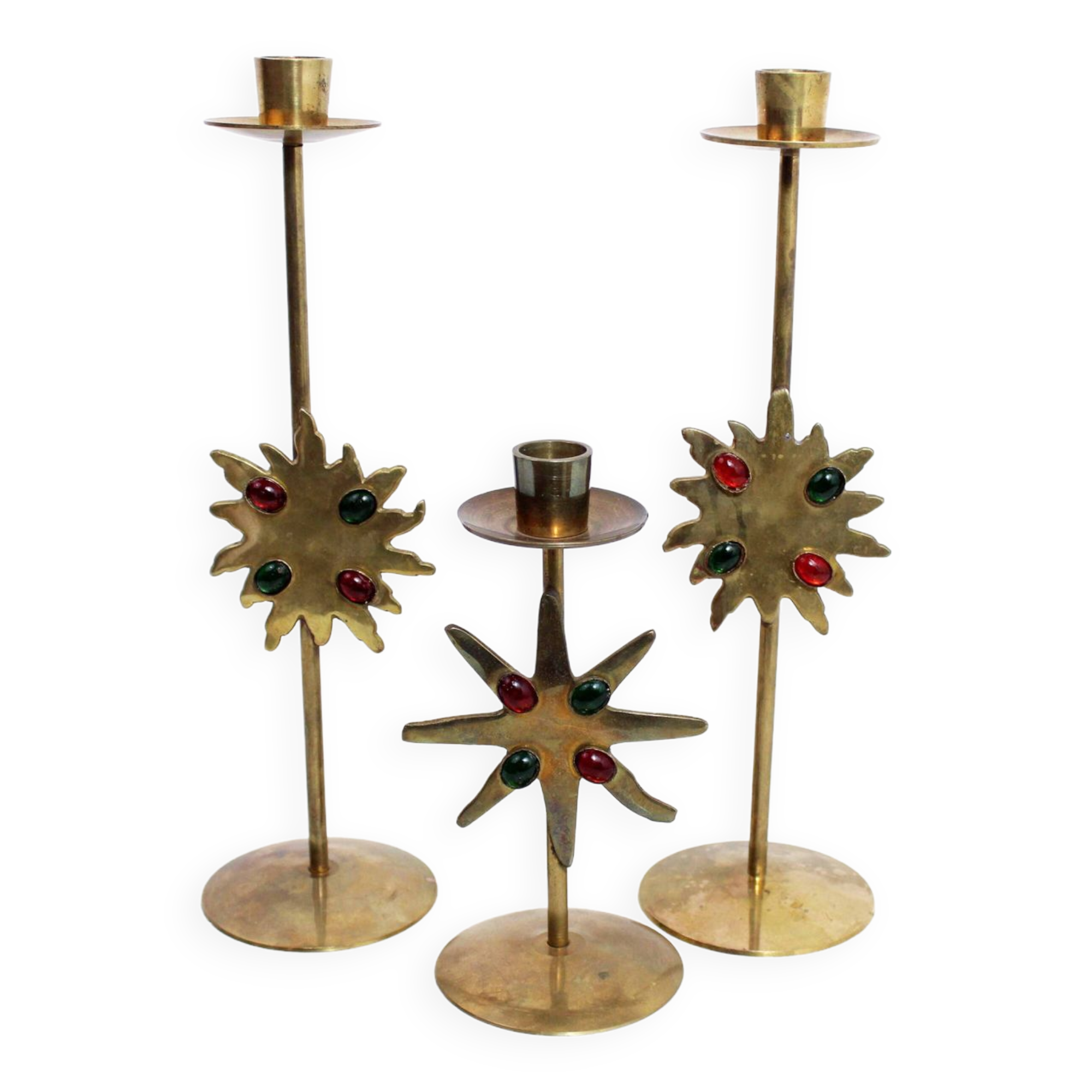 Set of 3 brass sun candle holders