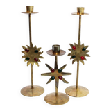 Set of 3 brass sun candle holders