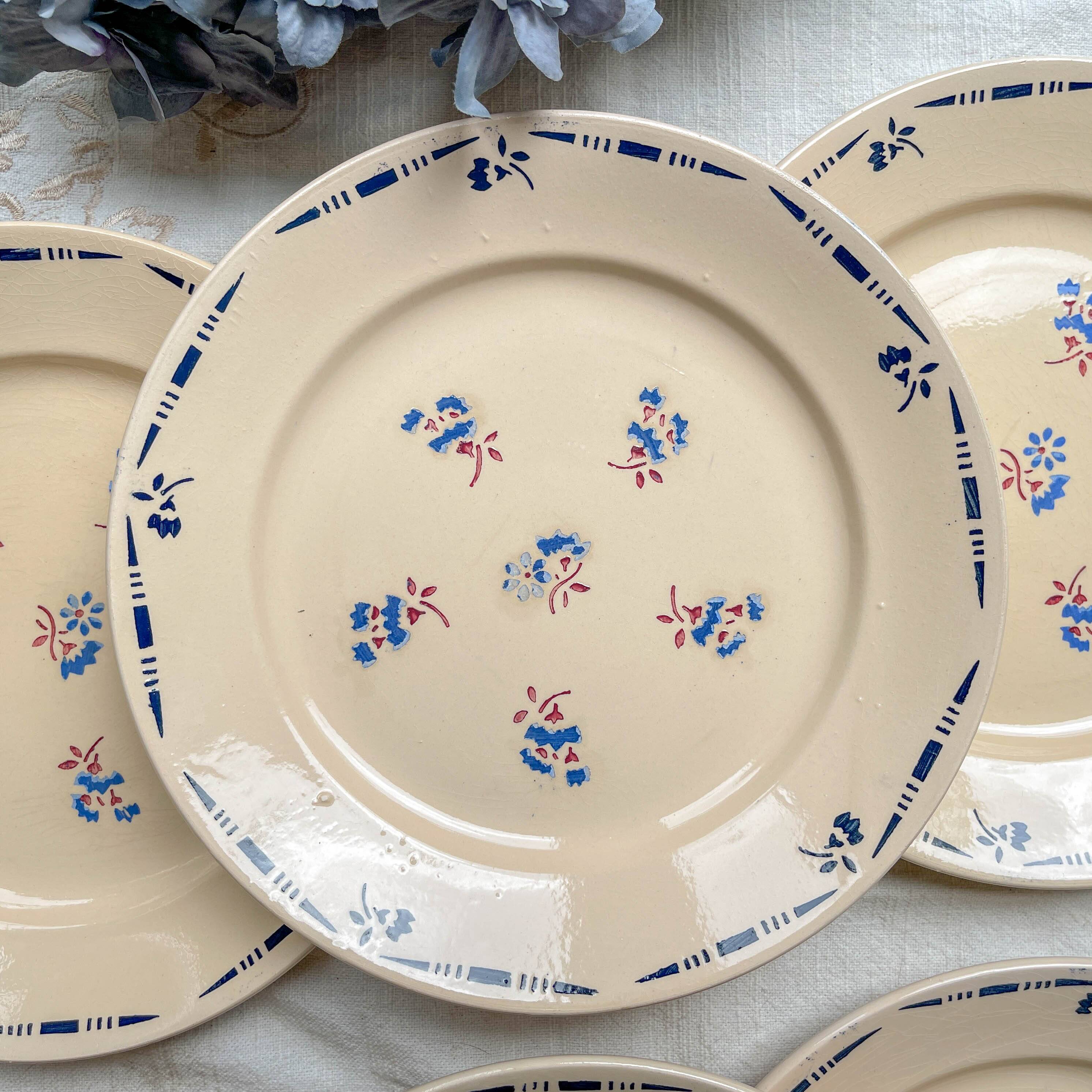 6 vintage K&G Luneville "Flore" porcelain dinner plates, 1950s, small blue flowers