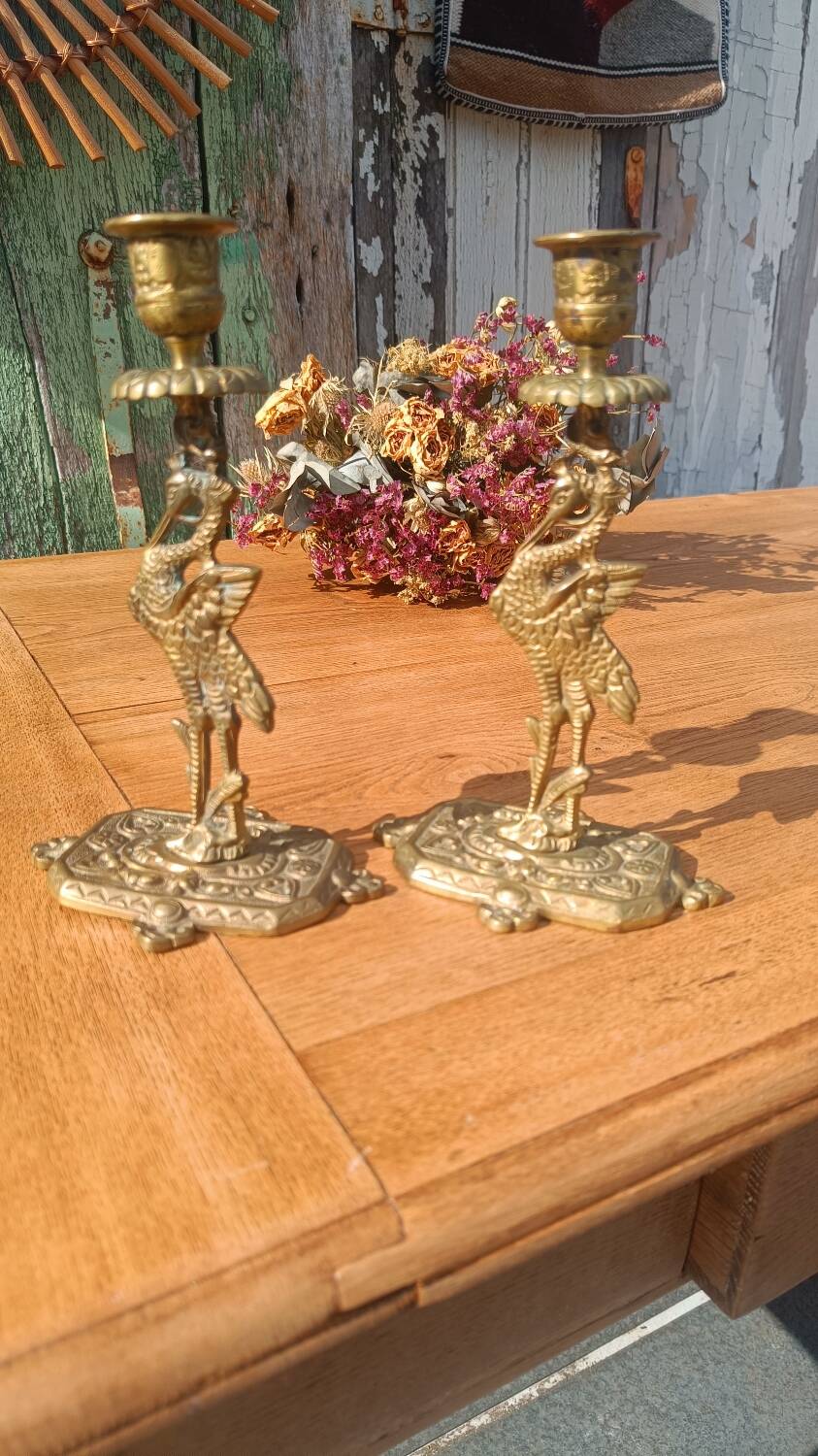 Bronze candlesticks, heron, Orientalist Art Deco