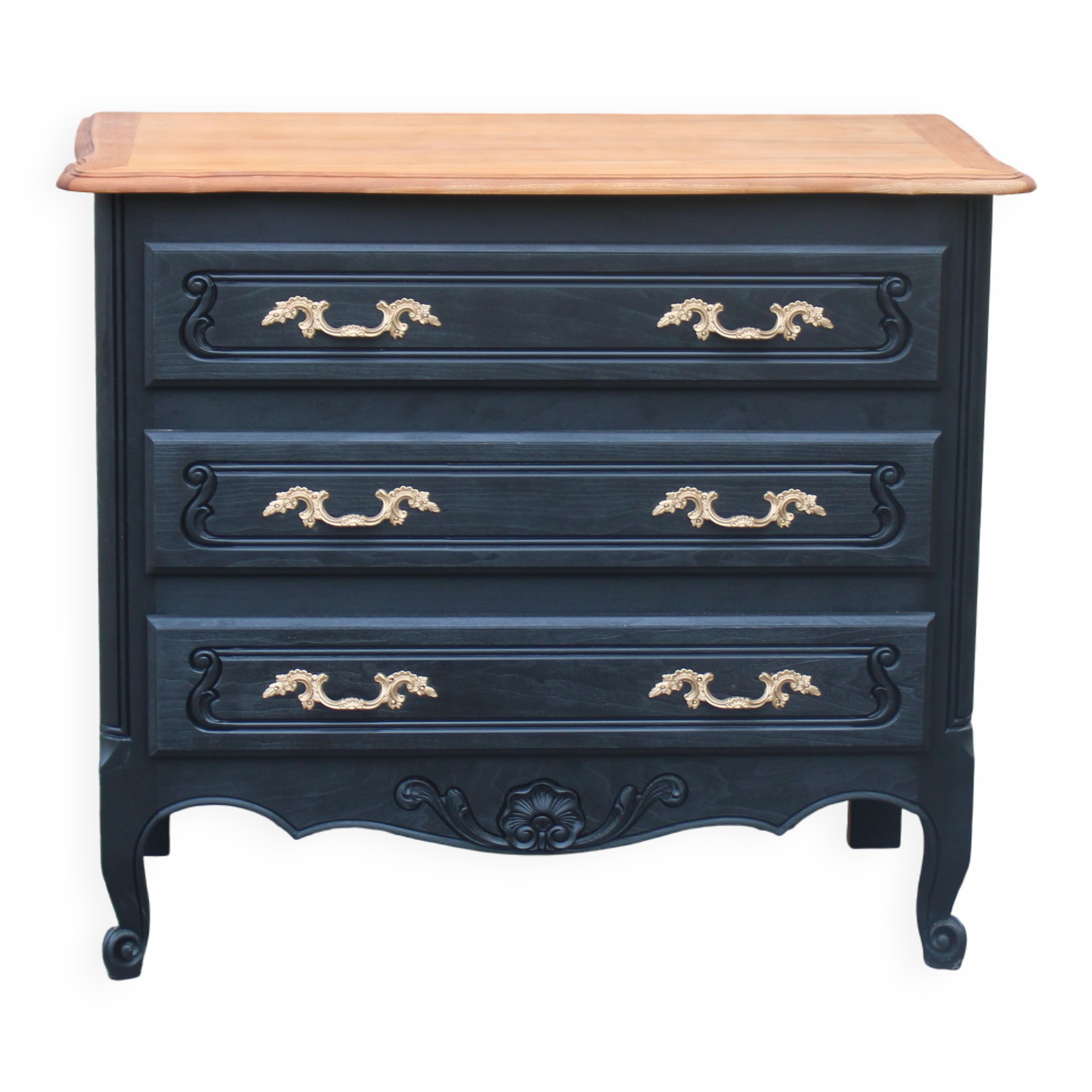 Louis XV style black commode with natural wood top – 3 drawers
