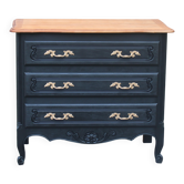 Commode style Louis XV noire et plateau bois naturel – 3 tiroirs