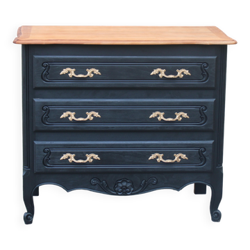 Commode style Louis XV noire et plateau bois naturel – 3 tiroirs