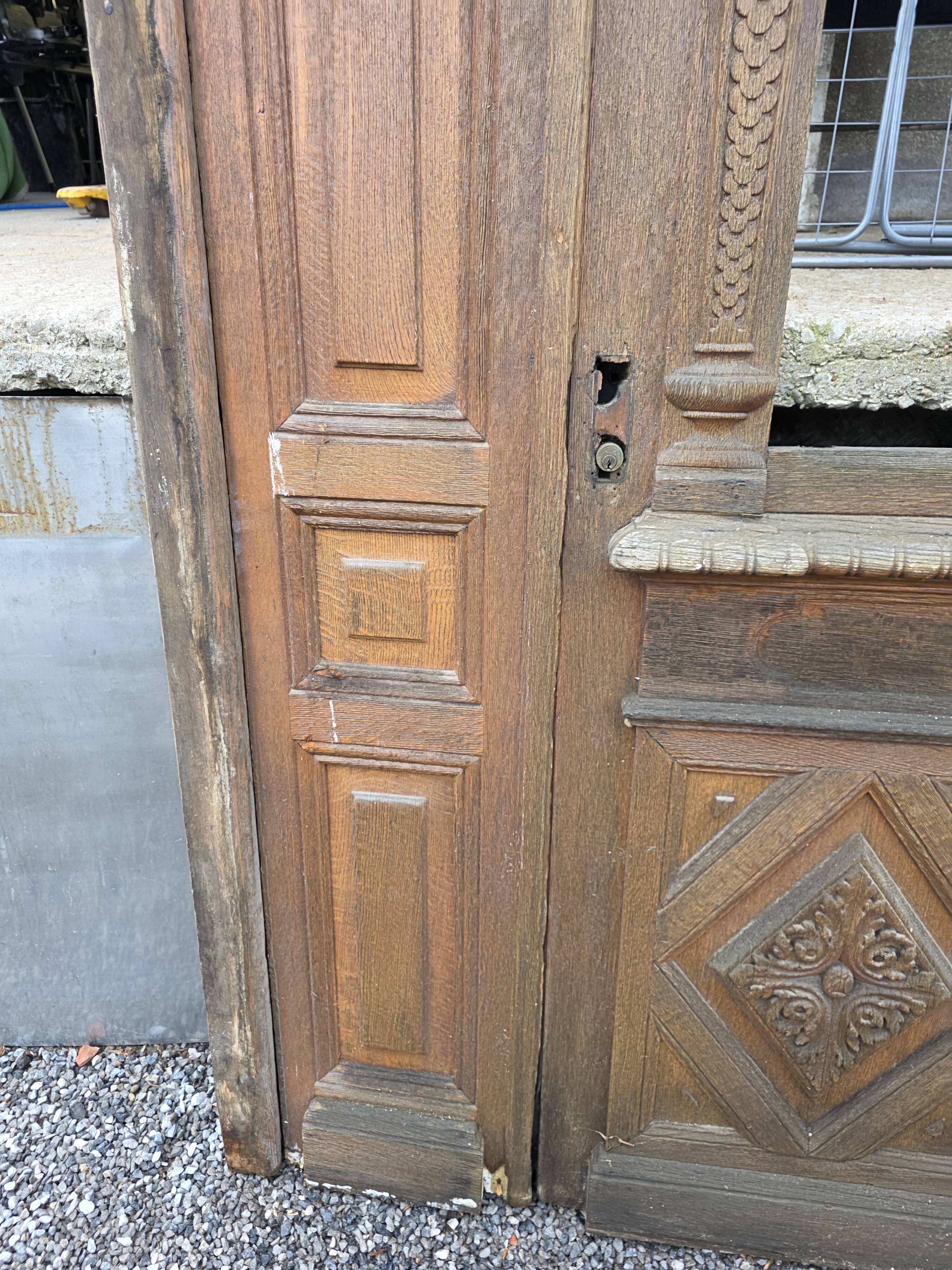19th-century solid oak entrance door with three openings, including frame.