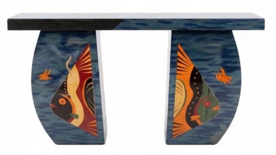 Une console Art Déco en bois de hêtre et marqueterie bleue