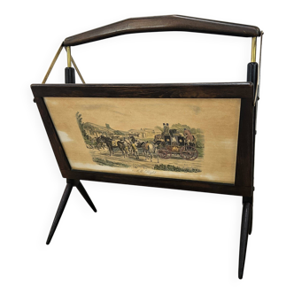 Magazine rack from the 1950s in wood and brass