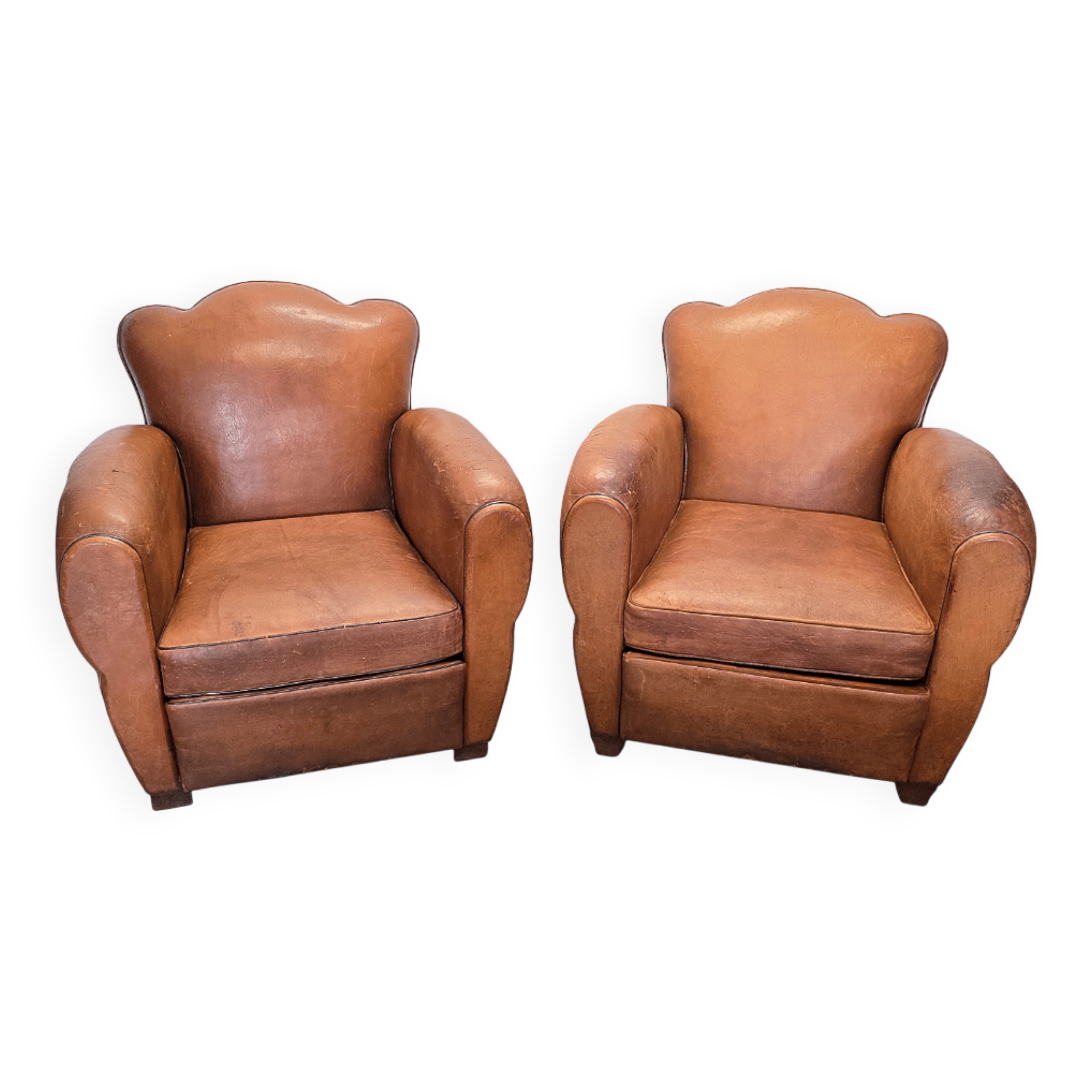 French Art Deco Style Leather Club Armchairs, 1950/60s