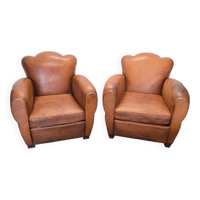 Fauteuils club en cuir de style Art Déco français, années 1950/60.