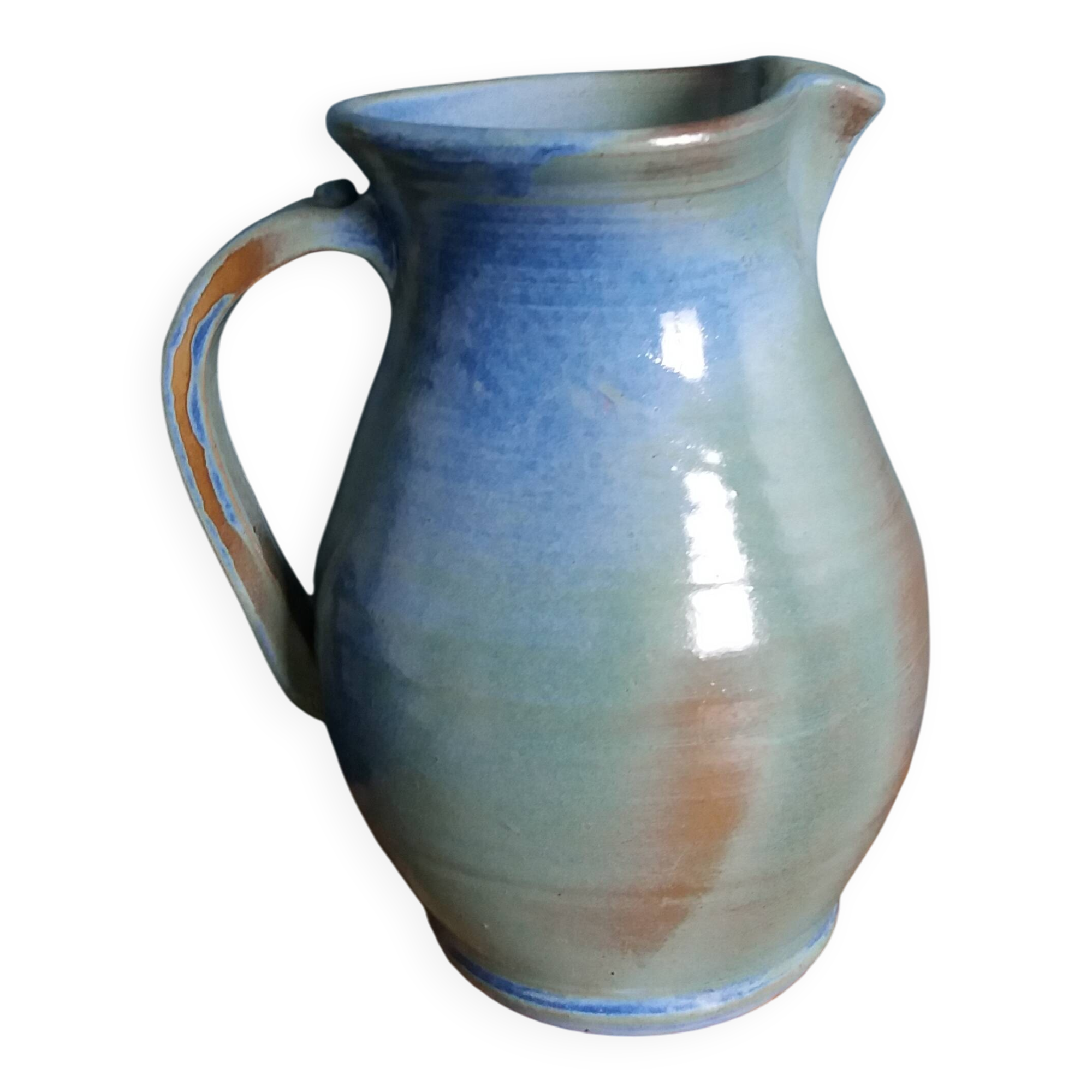 Enamel pitcher in pastel blue and green, signed