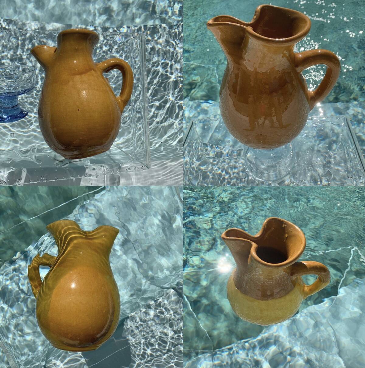 Large vintage artisanal glazed earthenware pitcher with pinched spout