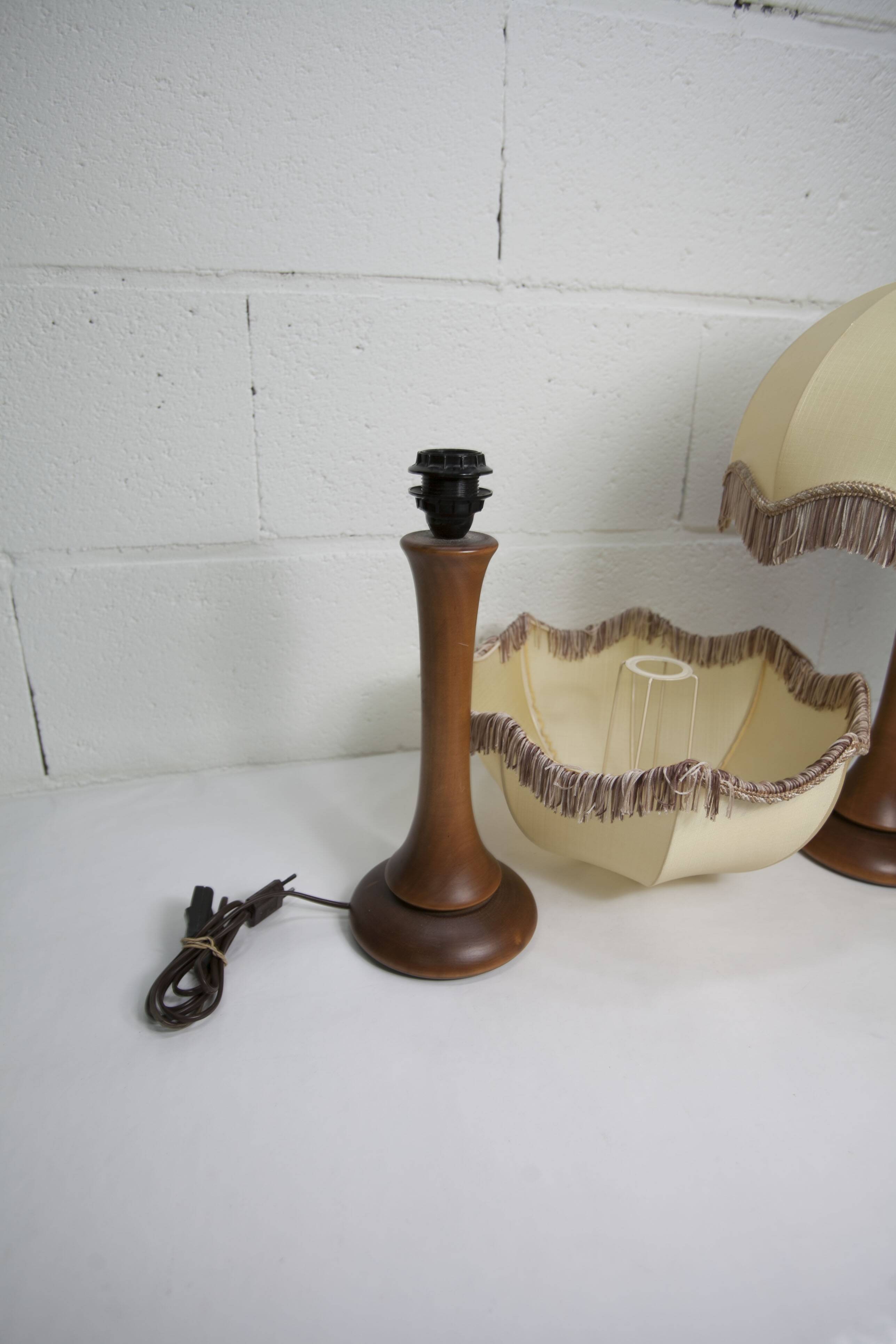 Pair of 1930s Art Deco bedside lamps with fringes, solid wood legs 52cm