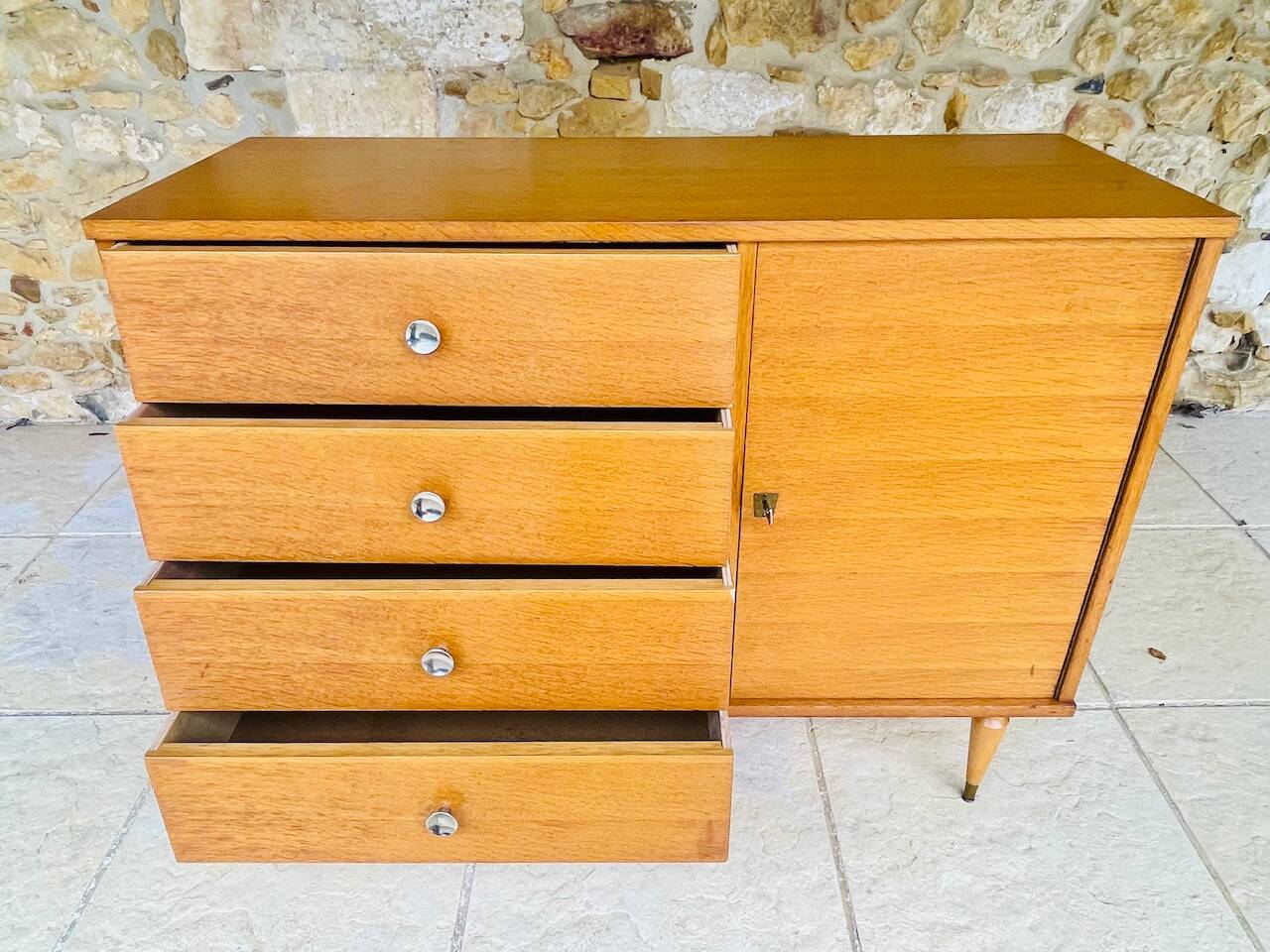 Large vintage chest of drawers with 4 drawers and oak storage, circa 1960s.