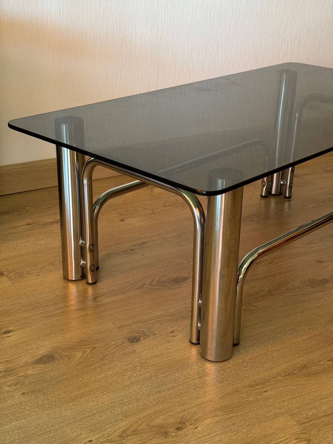 Vintage coffee table in chrome metal and smoked glass, 1970s