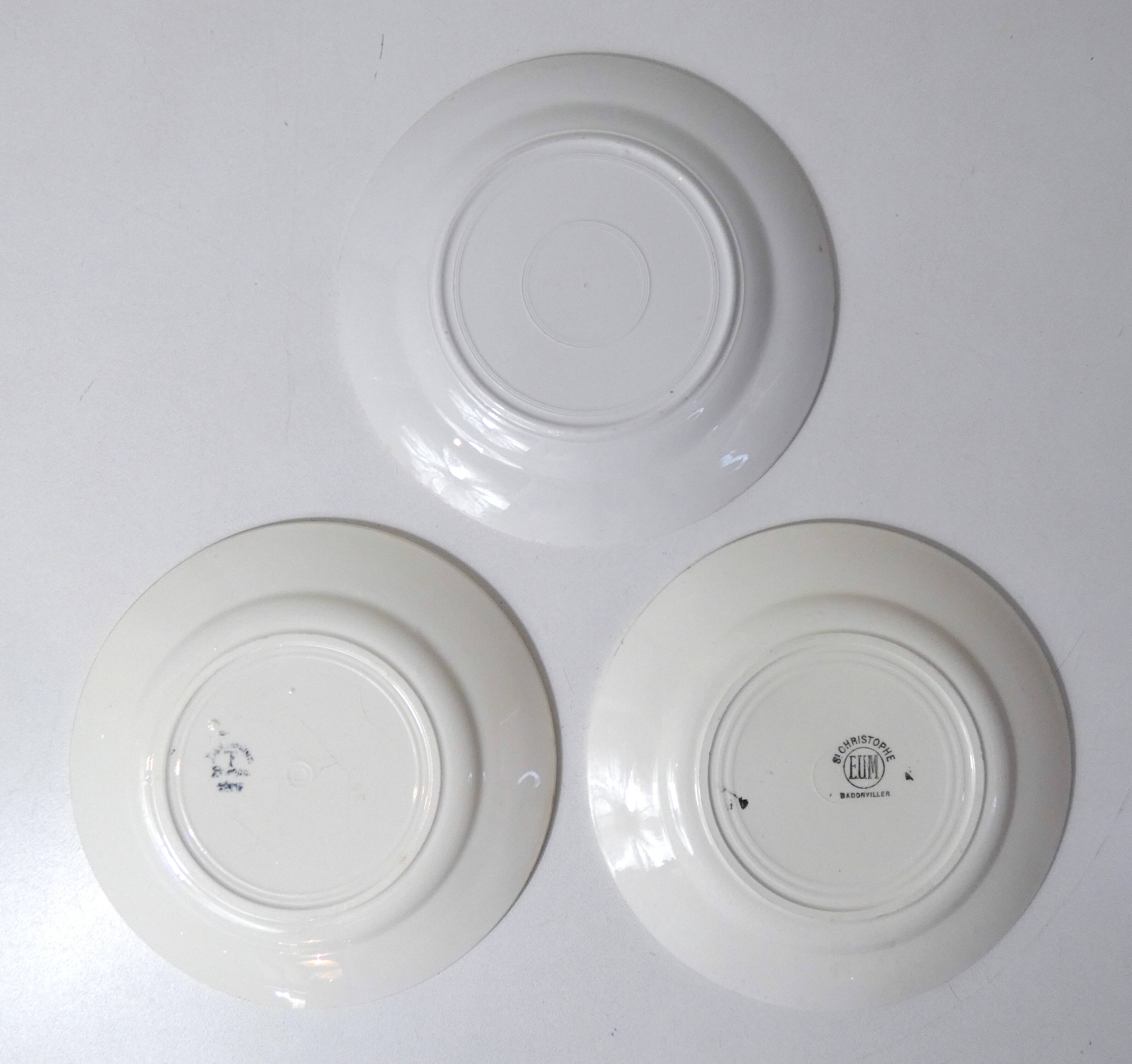 3 old mismatched vintage Badonviller earthenware dinner plates