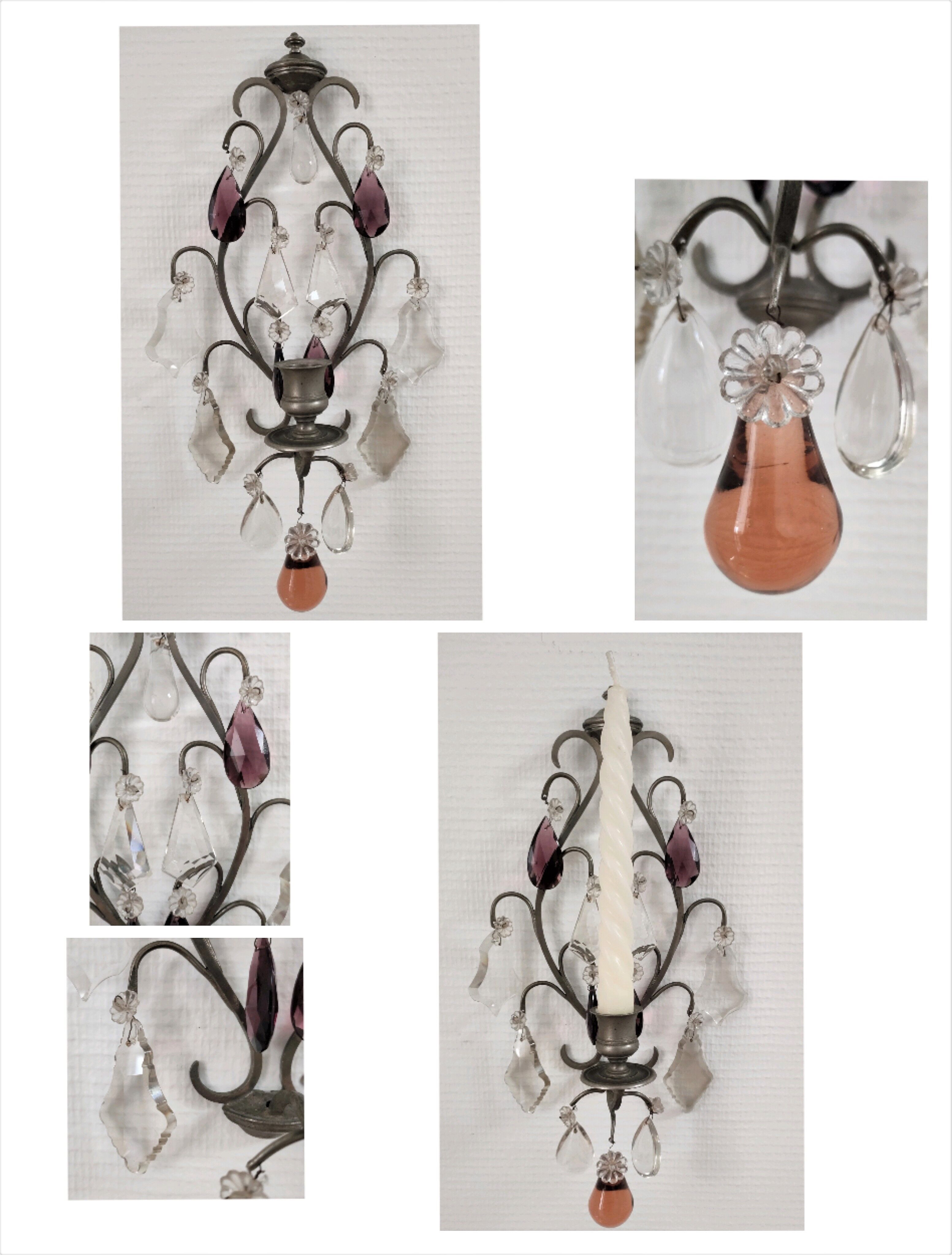 Metal wall candle holder with glass tassels