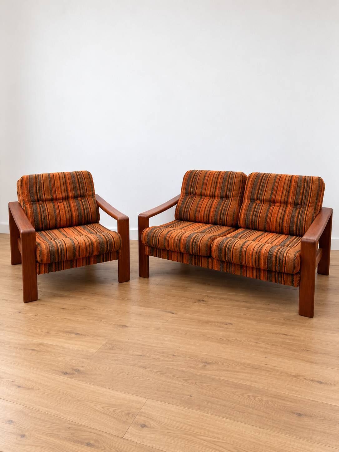 Vintage Scandinavian living room from the 1970s in teak and fabric.