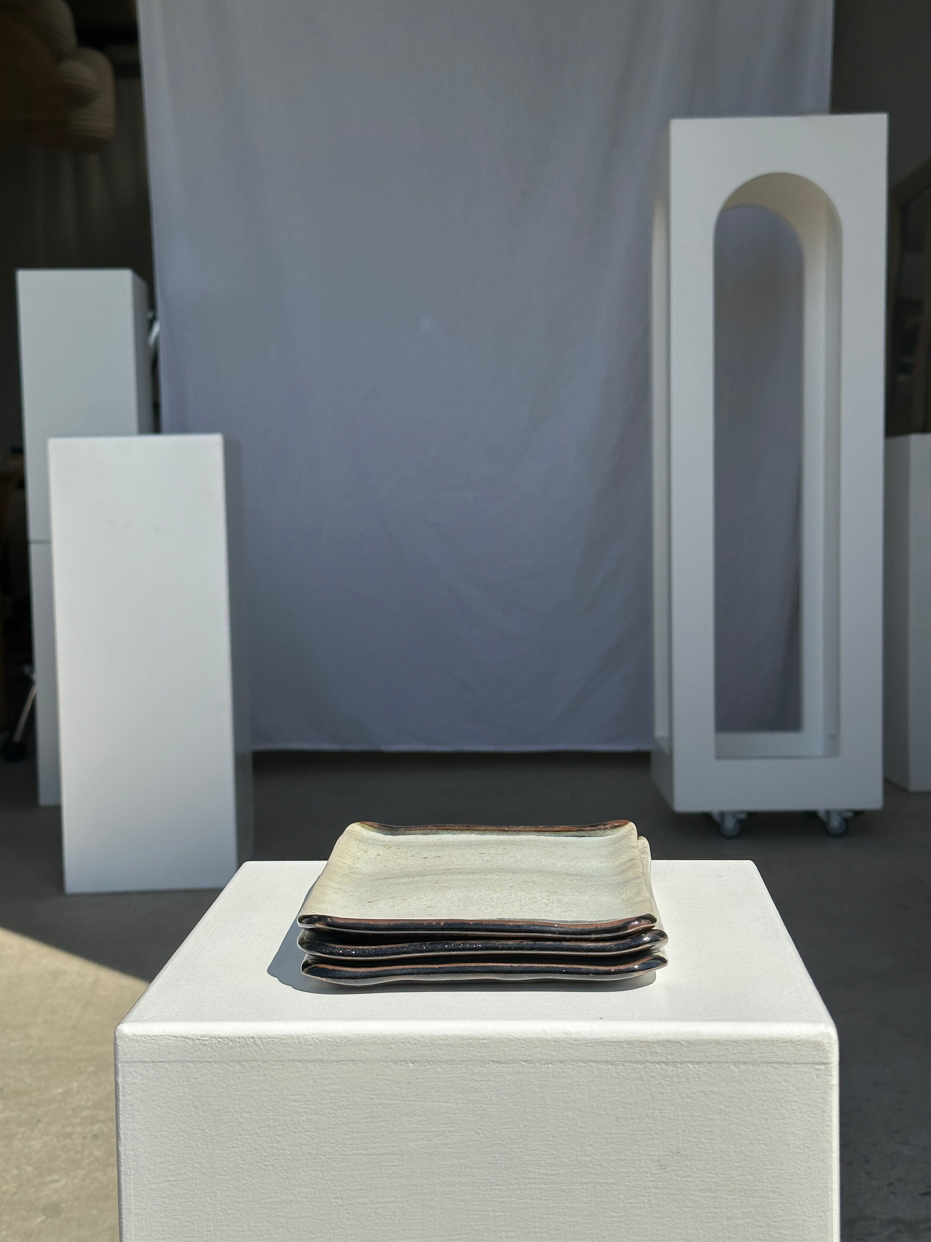 Trio of small rectangular serving dishes white and black Indonesian ceramic 21x16