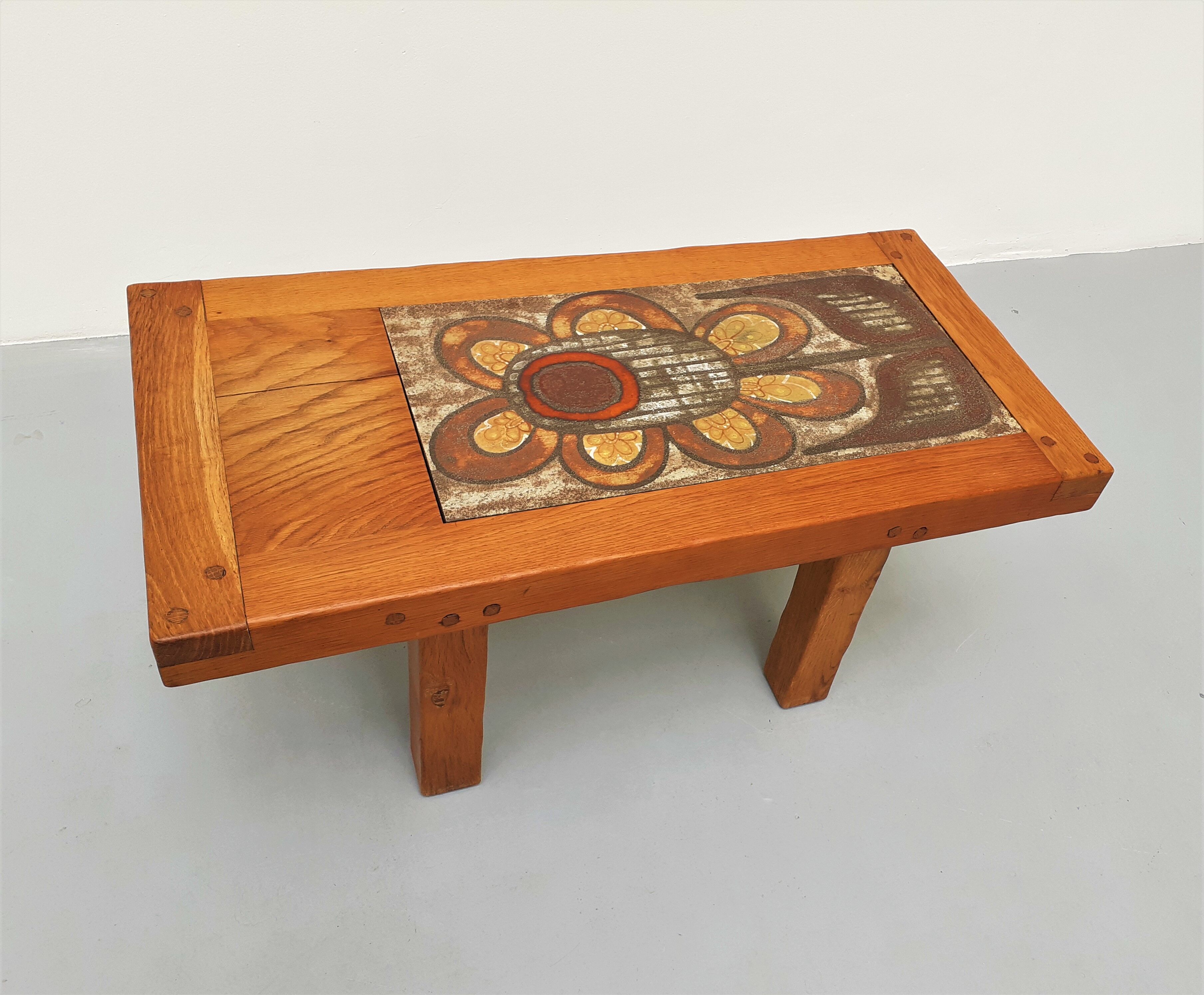 70s wooden coffee table with ceramic tray