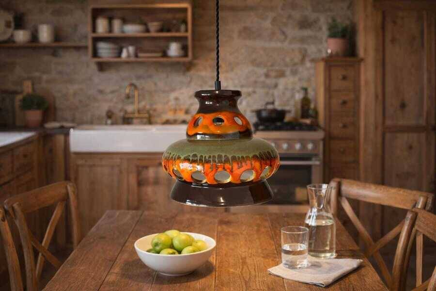 Vintage ceramic pendant light: 1970s rustic handmade chandelier