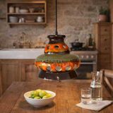 Vintage ceramic pendant light: 1970s rustic handmade chandelier