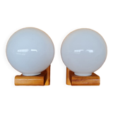 Pair of pine and opaline wall lamps