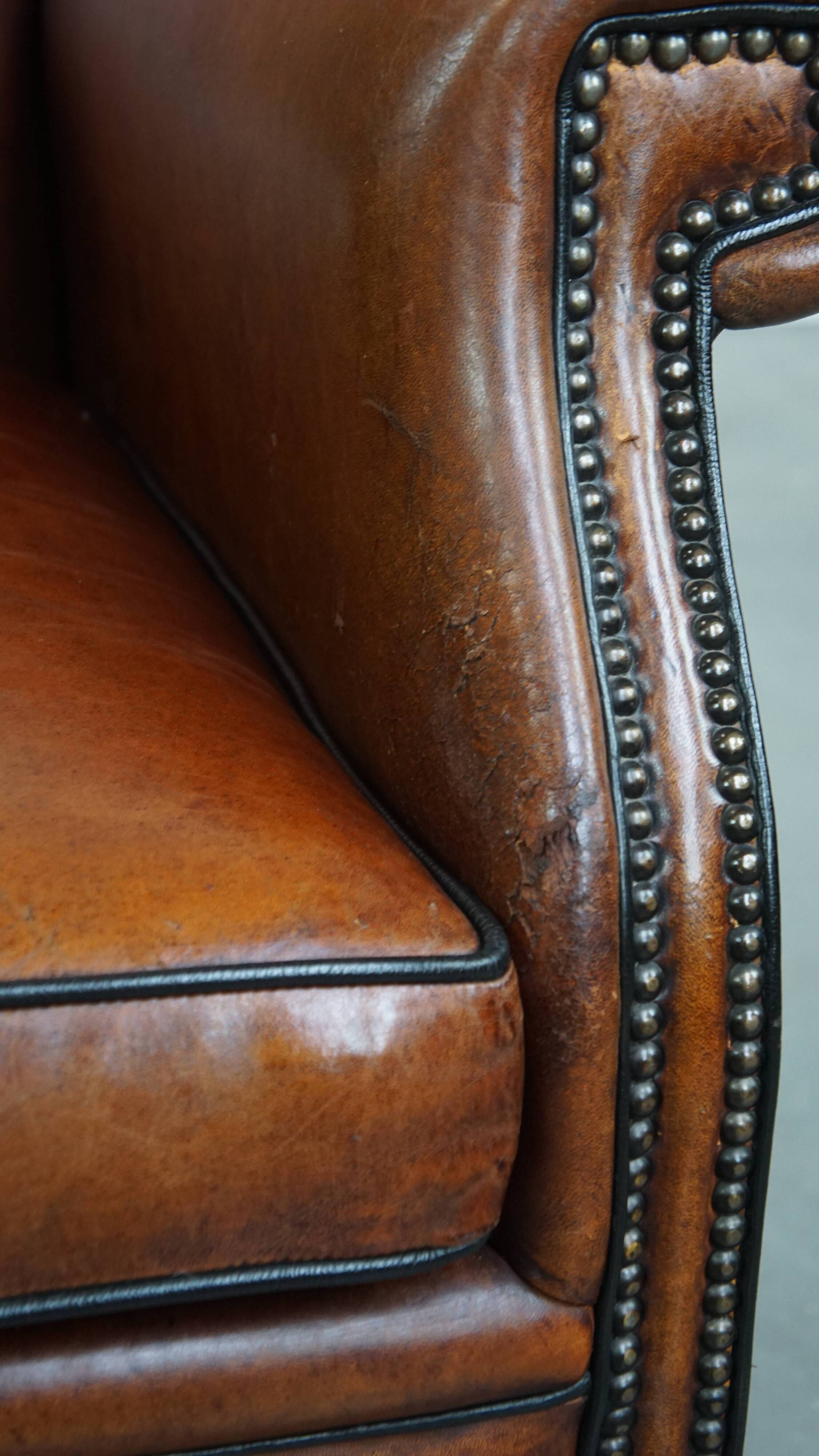 Large Vintage Sheepskin Leather Wingback Chair