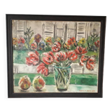 Antique oil painting depicting a still life